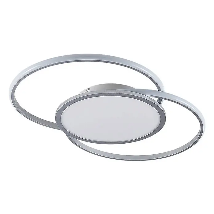 Lucande Deckenleuchte Senne - alu / grau / zink - Moderne silberne/graue LED-Deckenleuchte mit zentraler runder Platte und zwei überlappenden Ringen.