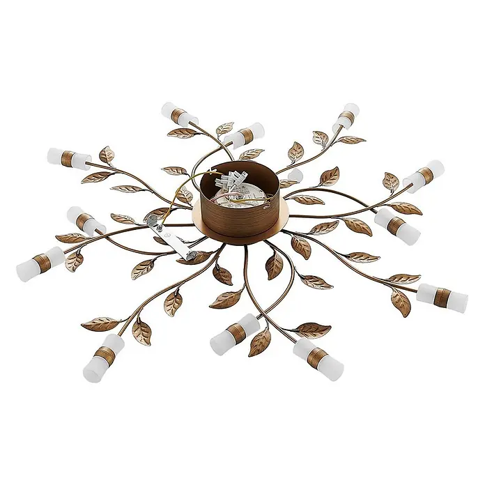 Lindby Deckenleuchte Bentas - bronze / altmessing - Bronzefarbene Deckenleuchte mit blattförmigen Metallzweigen und mehreren zylindrischen Leuchten aus mattiertem Glas.