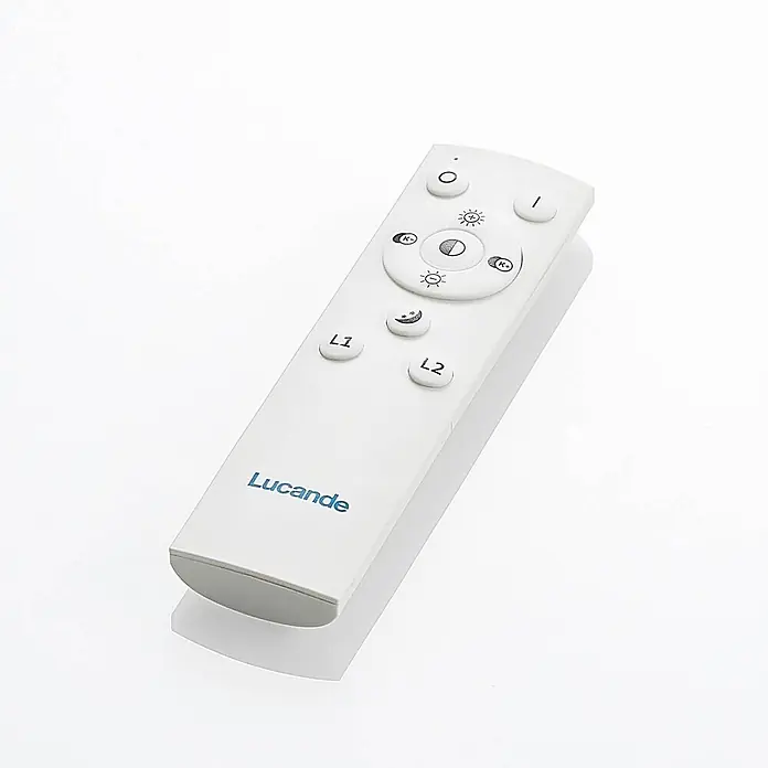 Lucande Deckenleuchte Senne - alu / grau / zink - Weiße Lucande Fernbedienung für Leuchten mit Tasten für Ein/Aus, Helligkeit, Farbtemperatur und voreingestellte Modi.