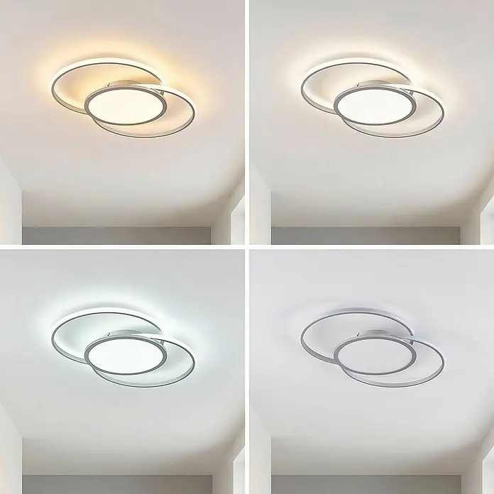 Lucande Deckenleuchte Senne - alu / grau / zink - Moderne silberne LED-Deckenleuchte mit überlappenden Ringen, zeigt einstellbares warmes, neutrales und kühles Weißlicht und Aus-Zustand.