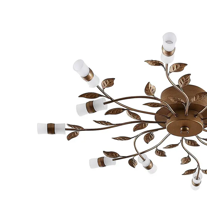 Lindby Deckenleuchte Bentas - bronze / altmessing - Deckenleuchte in Bronze mit Blätter- und Rankendesign, ausgestattet mit mehreren mattweißen Glasschirmen.