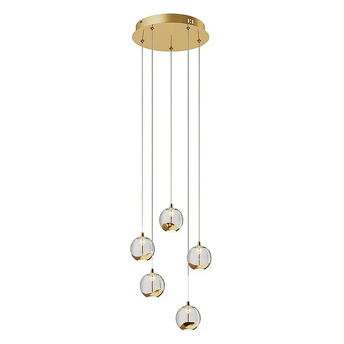 Lucande Pendelleuchte Hayley - L x B x H: 30 x 30 x 150 cm, klar / transparent, klar, gold - Goldene Mehrfach-Pendelleuchte mit klaren Glaskugelschirmchen, jeweils goldfarben akzentuiert.
