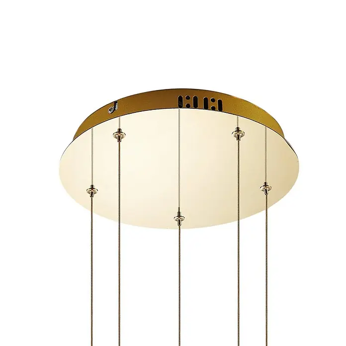 Lucande Pendelleuchte Hayley - L x B x H: 30 x 30 x 150 cm, klar / transparent, klar, gold - Runde goldene Deckenhalterung für Mehrfachpendelleuchte mit Aufhängkabeln.
