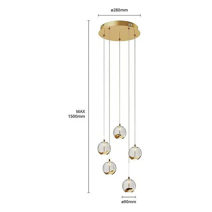 Lucande Pendelleuchte Hayley - L x B x H: 30 x 30 x 150 cm, klar / transparent, klar, gold - Goldene 5-flammige Pendelleuchte mit klaren und goldenen kugelförmigen Glasschirmen. Max. 1500mm Länge.