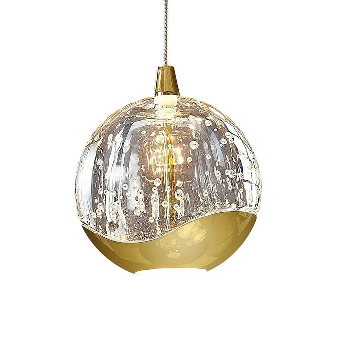 Lucande Pendelleuchte Hayley - L x B x H: 30 x 30 x 150 cm, klar / transparent, klar, gold - Kugelförmige Pendelleuchte aus klarem Blasenglas mit reflektierendem Goldfuß.