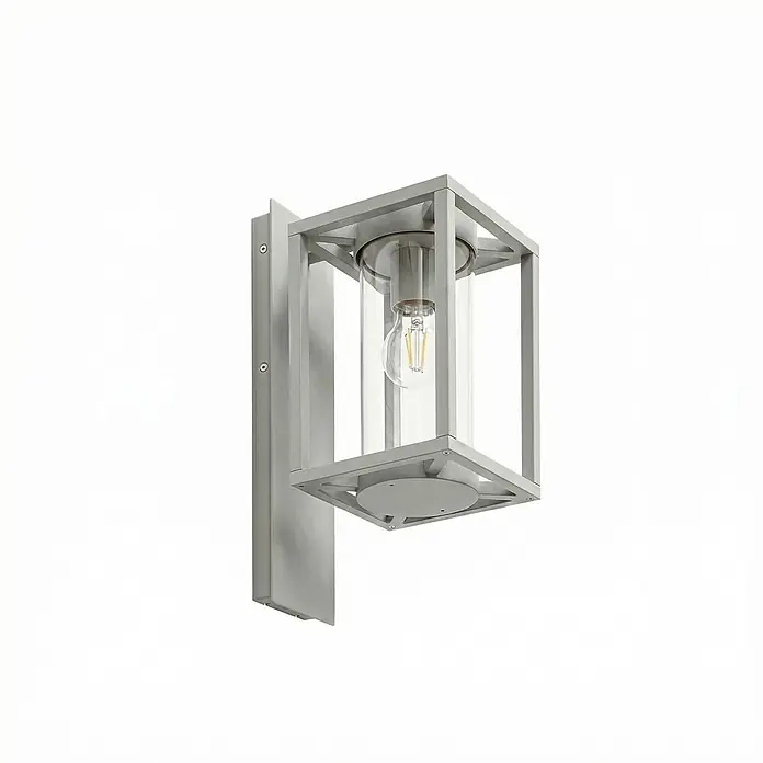 Lucande Außenwandleuchte Ferda - alu / grau / zink, alu / grau / zink, IP44 - Moderne graue Metall-Außenwandleuchte mit rechteckigem Rahmen und klarem Glaszylinder, der eine LED-Filamentbirne umschließt.