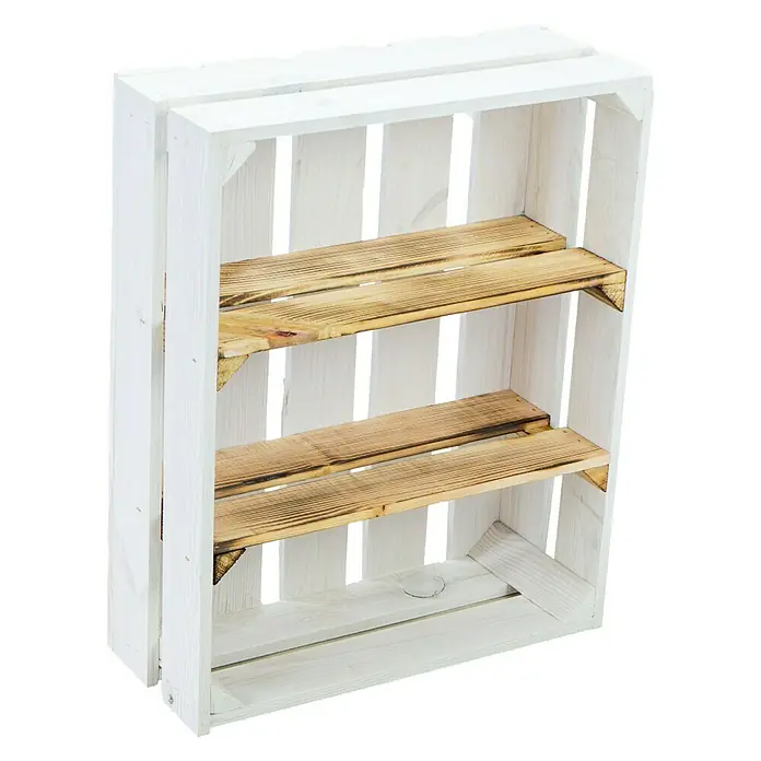 Holzkiste Wilma - B x H: 16 x 40 cm, Holz, Weiß/Braun - Weiß lackiertes Holzkistchen mit drei Regalböden für Lagerung und Dekoration.