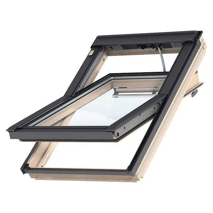 Velux Elektro-Schwingfenster GGL MK04 307021 Thermo - 78 x 98 cm - Teilweise geöffnetes Dachfenster mit dunkelgrauem Rahmen und Holzinterieur. Zeigt den Belüftungsmechanismus.