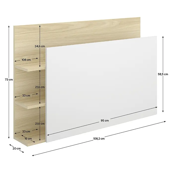 Dekit Cabecero de cama Tori - L x An: 19,2 x 105,2 cm, Blanco/Roble claro, Específico para: Cama de 90 cm. - Estantería de pared con baldas efecto madera y un panel trasero blanco.