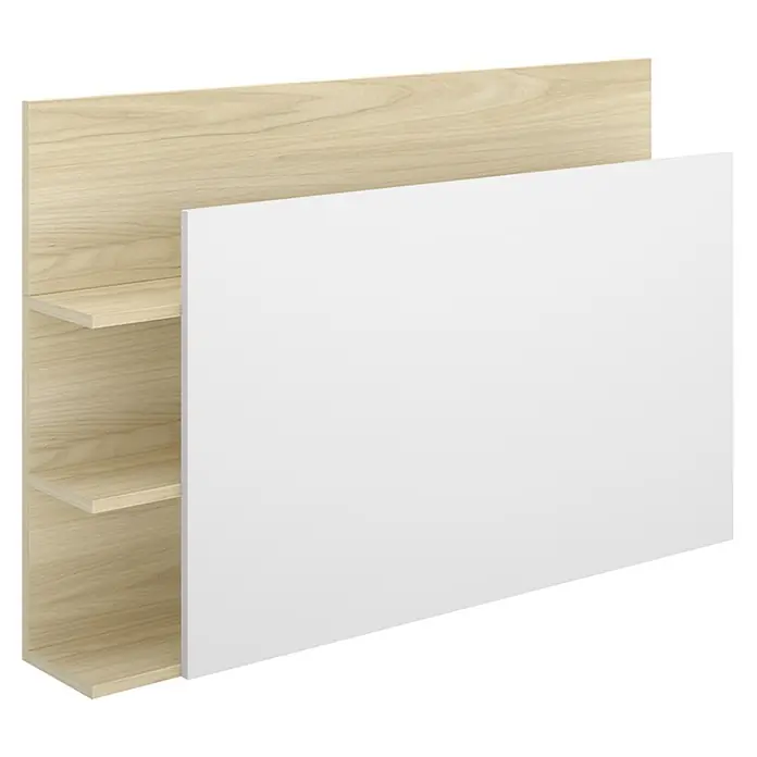 Dekit Cabecero de cama Tori - L x An: 19,2 x 105,2 cm, Blanco/Roble claro, Específico para: Cama de 90 cm. - Estantería de madera clara con tres estantes abiertos y un panel blanco prominente, ofreciendo almacenamiento modular.