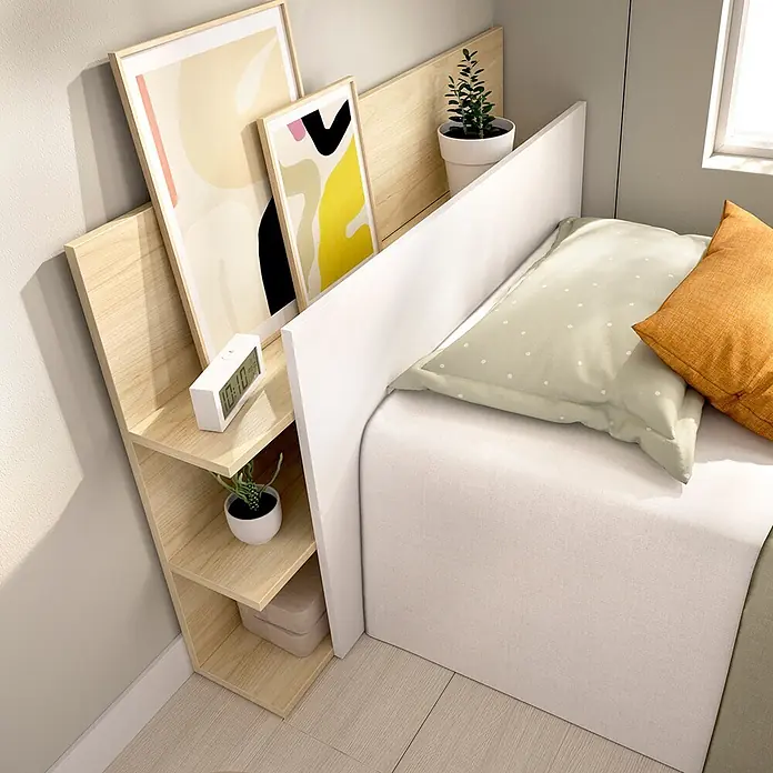 Dekit Cabecero de cama Tori - L x An: 19,2 x 105,2 cm, Blanco/Roble claro, Específico para: Cama de 90 cm. - Cama con estantes laterales de madera integrados y cabecero blanco, ofrece almacenamiento compacto.