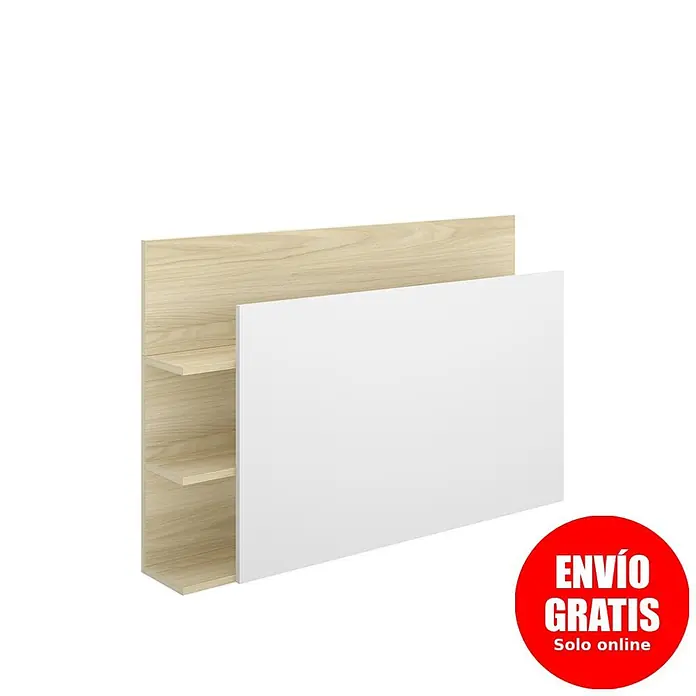 Dekit Cabecero de cama Tori - L x An: 19,2 x 105,2 cm, Blanco/Roble claro, Específico para: Cama de 90 cm. - Estante de pared de madera clara con panel deslizante blanco.