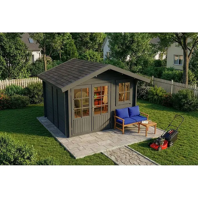 Alpholz Gartenhaus ECO Set Palermo grau - Außenmaß inkl. Dachüberstand (B x T): 331 x 331 cm, Holz, Grau - Dunkelgraues Gartenhaus mit Schindeldach, Doppeltüren u. Fenstern, auf Terrasse mit Holzbank u. Tisch.