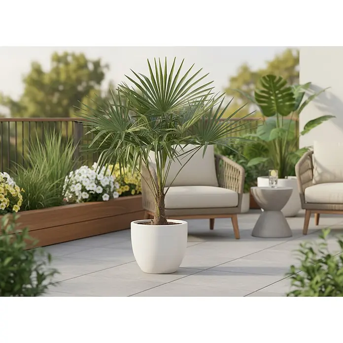 Piardino Hanfpalme - Trachycarpus fortunei, Topfgröße: 36 cm, Aktuelle Wuchshöhe: 170 cm - 190 cm - Eine lebendige grüne Fächerpalme in einem schlanken weißen Topf, die eine moderne Terrasse mit Sitzgelegenheiten und Pflanzen bereichert.