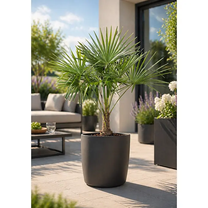 Piardino Hanfpalme - Trachycarpus fortunei, Topfgröße: 36 cm, Aktuelle Wuchshöhe: 170 cm - 190 cm - Dunkelgrauer runder Pflanztopf mit einer Palme auf einer Terrasse.