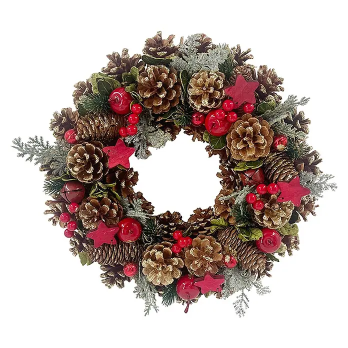 Dekokranz mit roten Beeren - 35 cm - Dekorativer Weihnachtskranz aus gefrosteten Kiefernzapfen, roten Beeren, Äpfeln und Sternen, mit grünem Laub.
