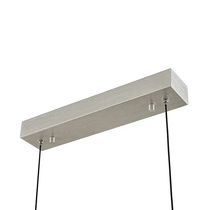 Lucande Pendelleuchte Torven - L x B x H: 121,5 x 5,5 x 8 cm, alu / grau / zink, Metall - Gebürstete silberne rechteckige Deckenhalterung aus Metall mit zwei schwarzen Aufhängedrähten.