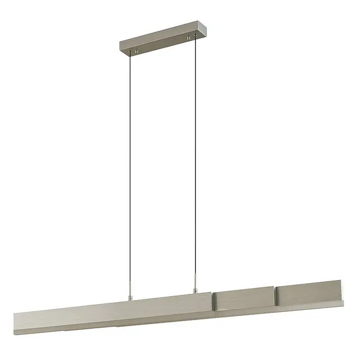 Lucande Pendelleuchte Torven - L x B x H: 121,5 x 5,5 x 8 cm, alu / grau / zink, Metall - Silberne lineare LED-Hängeleuchte, an zwei Drähten von einer rechteckigen Abdeckung abgehängt.