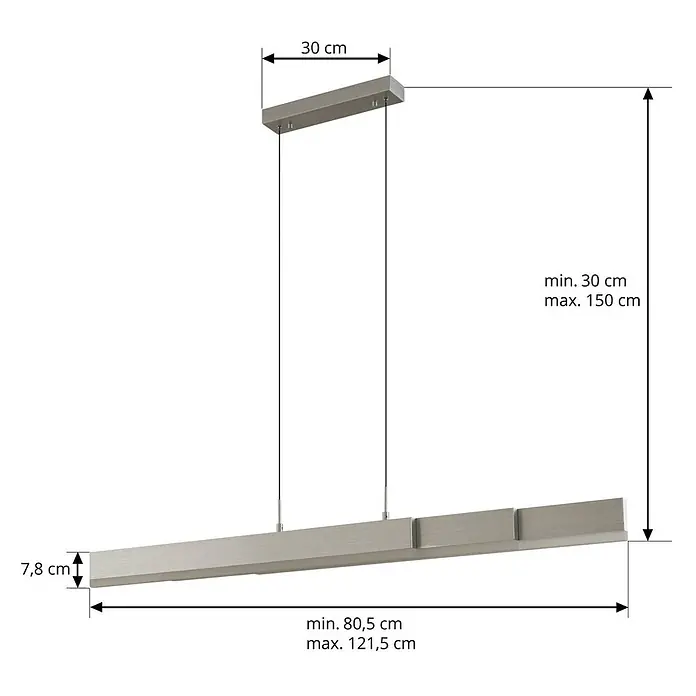 Lucande Pendelleuchte Torven - L x B x H: 121,5 x 5,5 x 8 cm, alu / grau / zink, Metall - Lineare Pendelleuchte in gebürsteter Metalloptik mit angegebenen Maßen für Länge und Höhe.