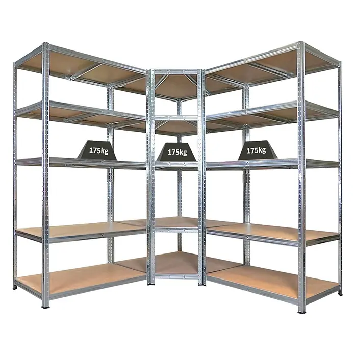 Proregal Eckregal Mega Deal RAGNAR mit 2 Schwerlatregale - H x B x T: 180 x 180 x 60 cm, Traglast pro Boden: 175 kg, Anzahl Böden: 5 Stk., Stecken, Verzinkt - Eckregal aus silbernem Metall mit Holzablagen, zeigt 175 kg Tragkraft pro Boden.