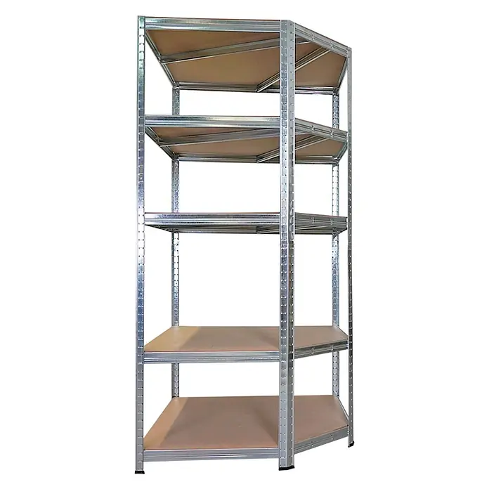Proregal Eckregal Mega Deal RAGNAR mit 2 Schwerlatregale - H x B x T: 180 x 180 x 60 cm, Traglast pro Boden: 175 kg, Anzahl Böden: 5 Stk., Stecken, Verzinkt - Fünfbödiges verzinktes Metall-Eckregal mit hellbraunen Holzablagen.