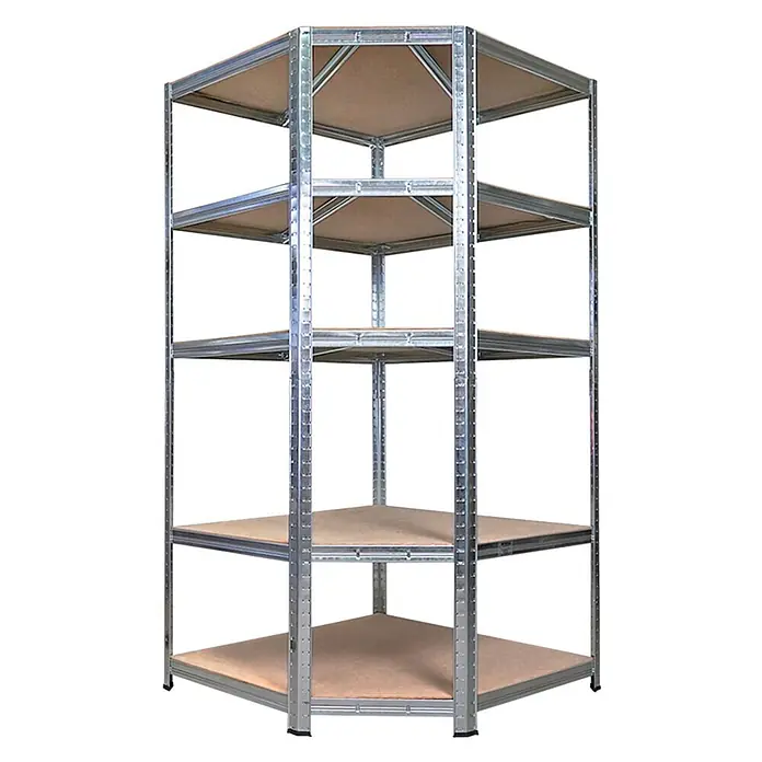 Proregal Eckregal Mega Deal RAGNAR mit 2 Schwerlatregale - H x B x T: 180 x 180 x 60 cm, Traglast pro Boden: 175 kg, Anzahl Böden: 5 Stk., Stecken, Verzinkt - Fünfstöckiges Eckregal aus Metall mit verzinktem Rahmen und hellbraunen Holzablagen.