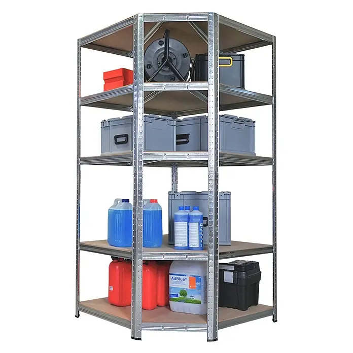 Proregal Eckregal Mega Deal RAGNAR mit 2 Schwerlatregale - H x B x T: 180 x 180 x 60 cm, Traglast pro Boden: 175 kg, Anzahl Böden: 5 Stk., Stecken, Verzinkt - Eckregal aus verzinktem Stahl mit Holzfachböden für effiziente Lagerung.