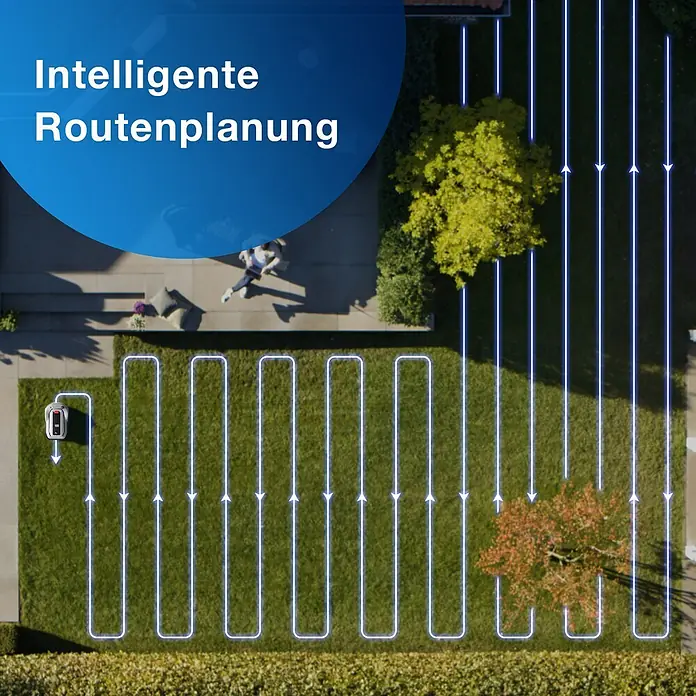 Ecovacs Mähroboter GOAT G1-800 Grey - 160 m², Schnittbreite: 22 cm, Kamera-gestützte Navigation - Grauer Mähroboter demonstriert intelligente Routenplanung auf einem Rasen mit leuchtenden Pfaden.