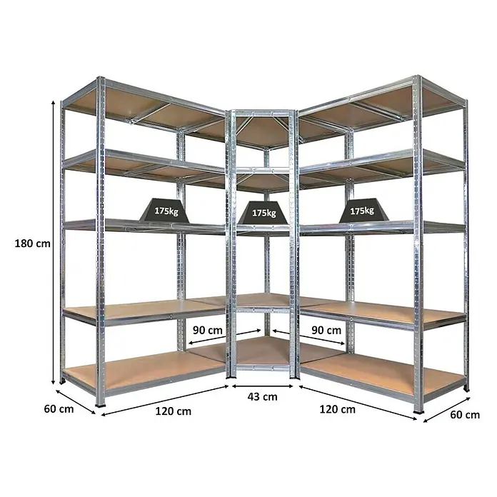 Proregal Eckregal Mega Deal RAGNAR mit 2 Schwerlatregale - H x B x T: 180 x 180 x 60 cm, Traglast pro Boden: 175 kg, Anzahl Böden: 5 Stk., Stecken, Verzinkt - Eckregal aus verzinktem Stahl mit Holzböden, für schwere Lasten geeignet.
