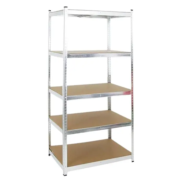 Proregal Eckregal Mega Deal RAGNAR mit 2 Schwerlatregale - H x B x T: 180 x 180 x 60 cm, Traglast pro Boden: 175 kg, Anzahl Böden: 5 Stk., Stecken, Verzinkt - Silbernes Metallregal mit fünf braunen MDF-Böden für Schwerlastlagerung.