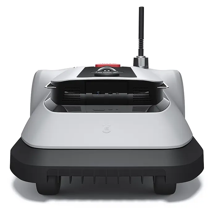 Ecovacs Mähroboter GOAT G1-800 Grey - 160 m², Schnittbreite: 22 cm, Kamera-gestützte Navigation - Weiß-schwarzes autonomes Robotikgerät mit Panorama-Kamerasystem, Antenne und rotem Not-Aus-Knopf.