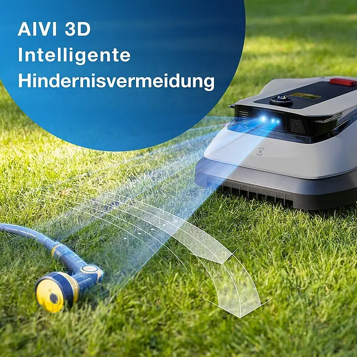 Ecovacs Mähroboter GOAT G1-800 Grey - 160 m², Schnittbreite: 22 cm, Kamera-gestützte Navigation - Robotermähroboter mit intelligenter 3D-Hindernisvermeidung erkennt einen Gartenschlauch.