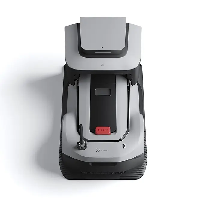 Ecovacs Mähroboter GOAT G1-800 Grey - 160 m², Schnittbreite: 22 cm, Kamera-gestützte Navigation - Blick von oben auf einen hellgrauen und schwarzen Rasenroboter mit rotem STOP-Knopf und ECOVACS-Logo.