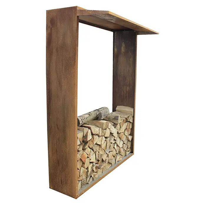 Palatino Exclusive Line Vordach Woodpecker - 35 x 100 cm, Passend für: Palatino Exclusive Line Brennholzregal Woodpecker - Das Bild zeigt einen rustikalen Kaminholzständer aus Metall, gefüllt mit Holzscheiten. Der Ständer hat ein Dach zum Schutz des Holzes vor Witterungseinflüssen.