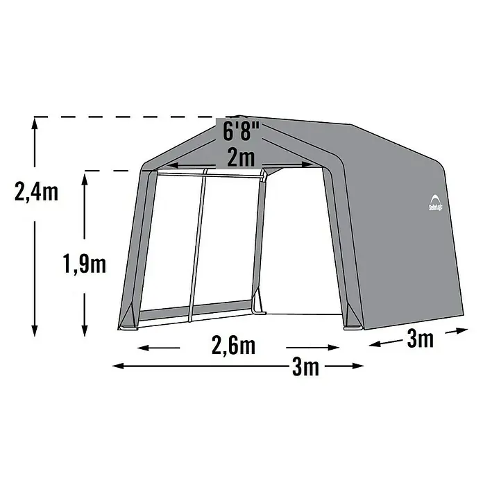 ShelterLogic Gerätehaus - Außenbreite inkl. Dachüberstand: 297 cm, Außentiefe inkl. Dachüberstand: 305 cm, Stahl, Grau - Bild einer ShelterLogic-Garage mit Größenangaben, die die Höhe, Breite und Tiefe des Unterstandes zeigen.