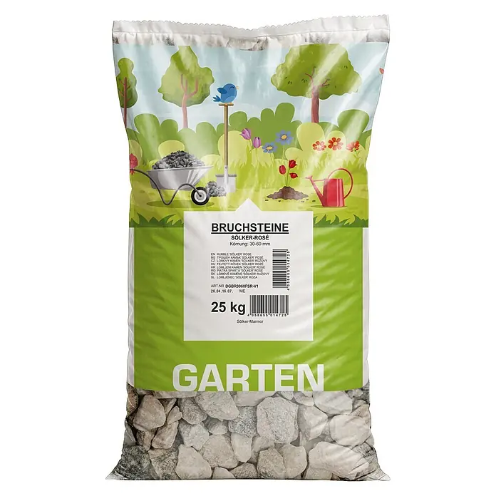 Min2C Bruchsteine - Rose Sölker, Körnung: 30 mm - 60 mm, 25 kg - Ein 25 kg Sack Sölker-Marmor-Bruchsteine (Körnung 30-60 mm) für den Garten.