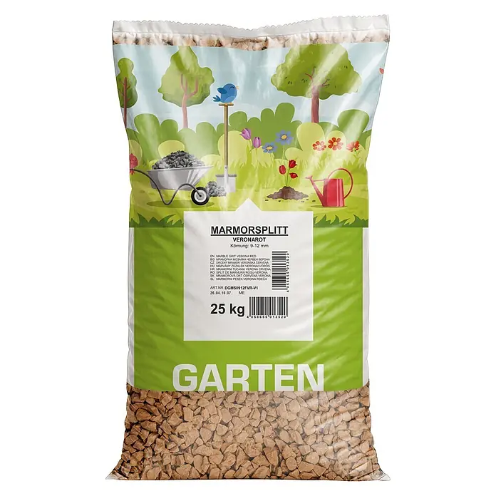 Min2C Marmorsplitt - Veronarot, Körnung: 9 mm - 12 mm, 25 kg - Sack mit 25 kg Marmorsplitt Veronarot (9-12 mm) mit Gartenmotiv.