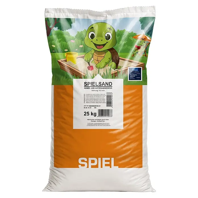 Min2C Kinderspielsand Hund- und Katzenabweisend - 25 kg - Großer weiß-orangefarbener Sack Spielsand mit Comic-Schildkröte im Sandkasten. Hunde- und Katzenabweisend, 25 kg.