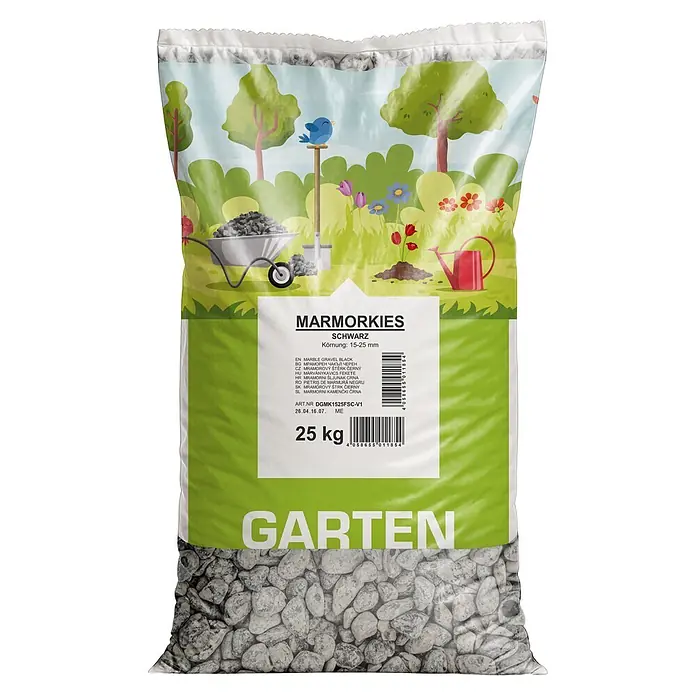 Min2C Marmorkiesel - Schwarz, Körnung: 15 mm - 25 mm, 25 kg - 25 kg Sack hellgrauer Marmorkies mit Gartenillustration und 'MARMORKIES SCHWARZ' Etikett.