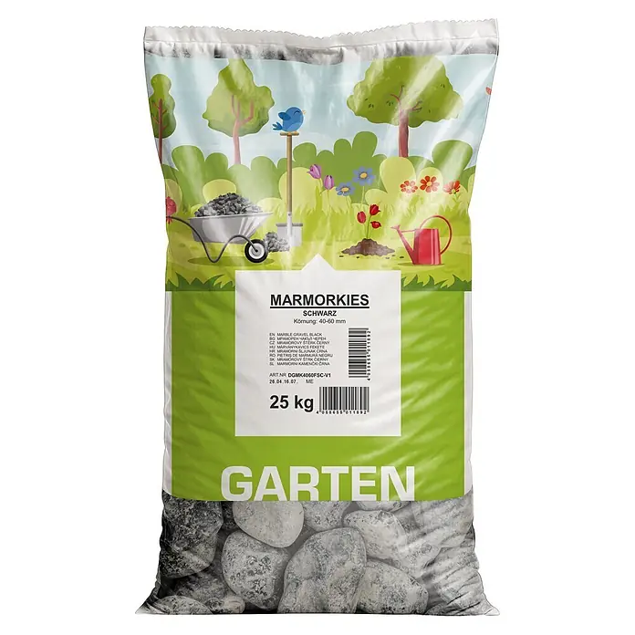 Min2C Marmorkiesel - Schwarz, Körnung: 40 mm - 60 mm, 25 kg - 25 kg Sack schwarzer Marmorkies für die Gartengestaltung.