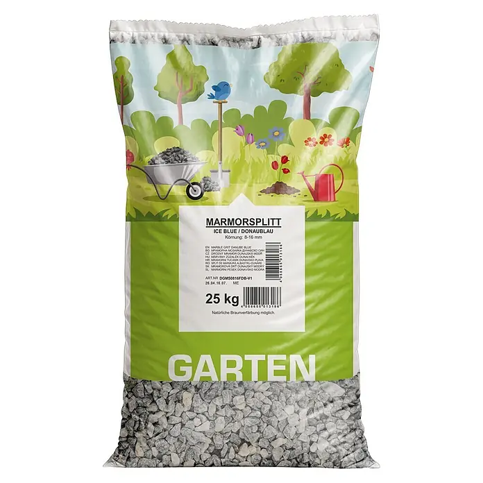 Min2C Marmorsplitt - Donaublau, Körnung: 8 mm - 12 mm, 25 kg - 25 kg Beutel eisblauer/donaublauer Marmorsplitt, Körnung 8-16 mm, für den Garten.