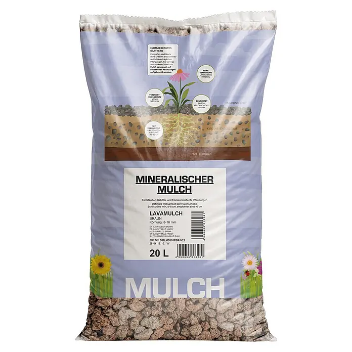 Min2C Lavamulch - Rot-Braun, Körnung: 8 mm - 16 mm, 20 l - Sack mit braunem mineralischem Lavamulch, 8-16mm Körnung, 20L, für klimagerechtes Gärtnern und Verdunstungsschutz.