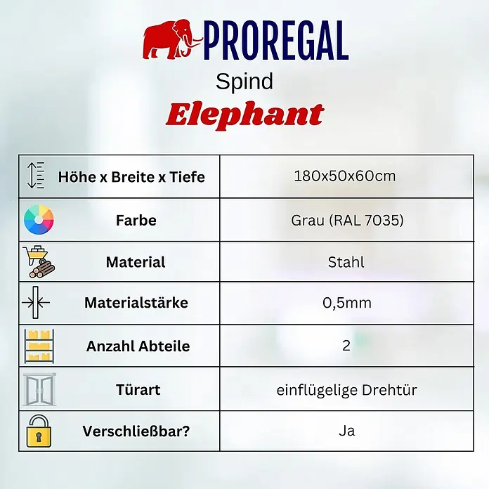 Proregal Spind ELEPHANT 2 Abteile - Grau, Zerlegt, Anzahl Fächer: 2 Stk. - Grauer Stahlschrank "Elephant" mit zwei Fächern und abschließbarer Flügeltür.