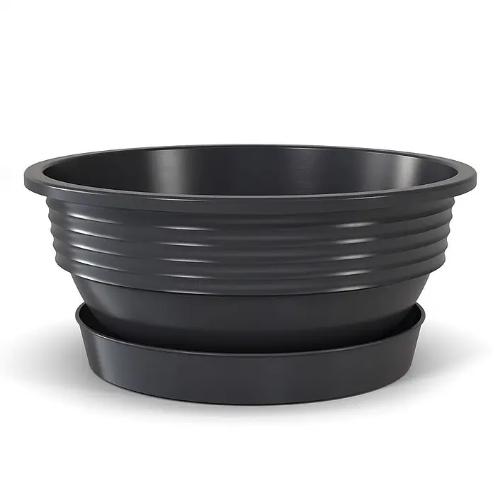Plastard Pflanzschale rund Milano 3er Set mit Untersetzer in Anthrazit – Blumenschale - 3 Stk., Kunststoff, Anthrazit - Dunkelgrauer Kunststoff-Pflanztopf mit geriffelter Textur auf passendem Untersetzer.
