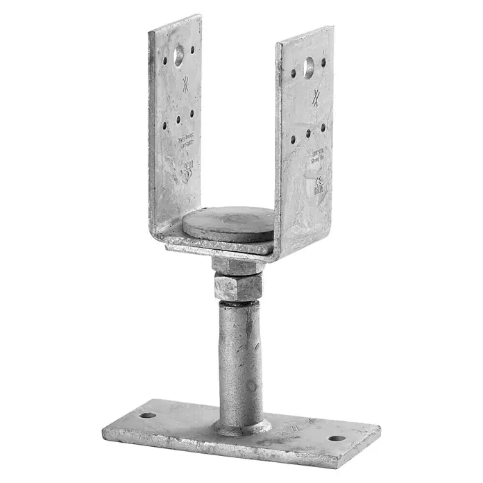 Simpson Strong-Tie Stützenfuß VARIO - Höhenverstellung: 136 mm - 189 mm, Breitenverstellung: 80 mm - 120 mm, Schrauben - Eine verzinkte, justierbare Pfostenhalterung mit einer U-förmigen Aufnahme und einer quadratischen Basisplatte, ideal für den Bau von Holzkonstruktionen.