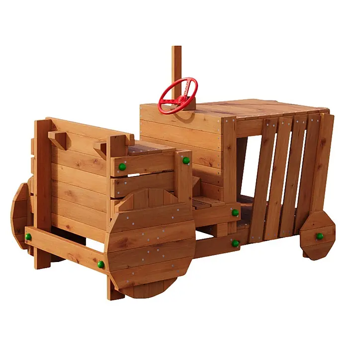 Funky Combo Spielhaus Traktor - L x B x H: 168 x 94 x 116 cm, Braun - Ein hellbrauner Holzspieltraktor für Kinder mit rotem Lenkrad und grünen Akzenten.