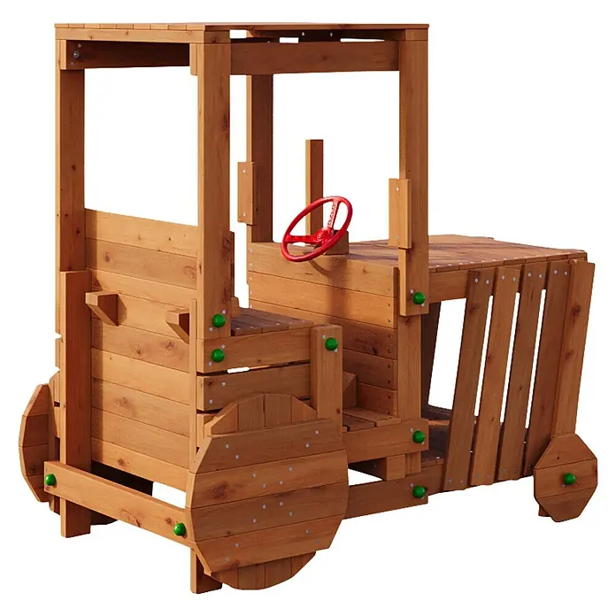 Funky Combo Spielhaus Traktor - L x B x H: 168 x 94 x 155 cm, Braun - Hölzerner Spieltraktor für Kinder mit rotem Lenkrad und Holzrädern.