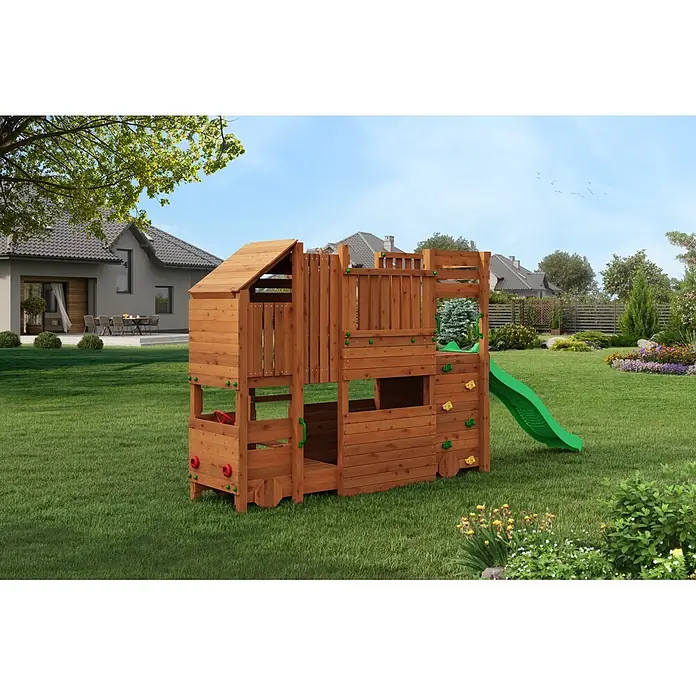 Funky Combo Kinderspielturm Camper - L x B x H: 470 x 80 x 223 cm, Braun - Holzspielplatz mit grüner Rutsche und Klettergriffen, ideal für den Garten.