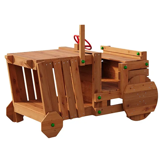 Funky Combo Spielhaus Traktor - L x B x H: 168 x 94 x 116 cm, Braun - Hölzerner Spieltraktor mit grünen Details und rotem Lenkrad.