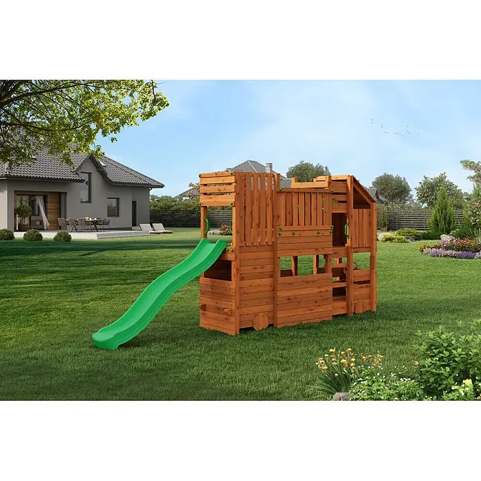 Funky Combo Kinderspielturm Camper - L x B x H: 470 x 80 x 223 cm, Braun - Hölzerner Kinderspielplatz mit leuchtend grüner Rutsche, in einem sonnigen Garten.